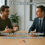 Un coach y un CEO conversan en una sala de reuniones, representando cómo el CEO coaching impulsa el liderazgo y la visión estratégica.