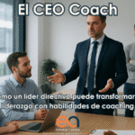 CEO elegante en reunión con su equipo, acompañado en segundo plano por un coach que potencia su liderazgo