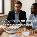• Equipo en una reunión de trabajo con acompañamiento profesional, donde un coach facilita una conversación estratégica en un entorno moderno. Ideal para ilustrar procesos de cambio empresarial y coaching en Málaga.