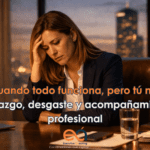 Directiva en despacho moderno reflejando el desgaste interno del liderazgo pese al éxito profesional